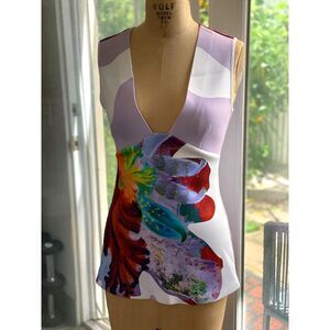 Clover Canyon St Tropez Deep V Neck Fitted Floral Wht Purple Slvless Top SZ SM/M